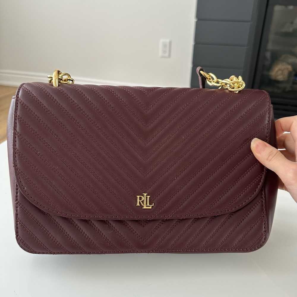 Ralph Lauren Quilted Chevron Shoulder Bag in Wine with Gold Hardware